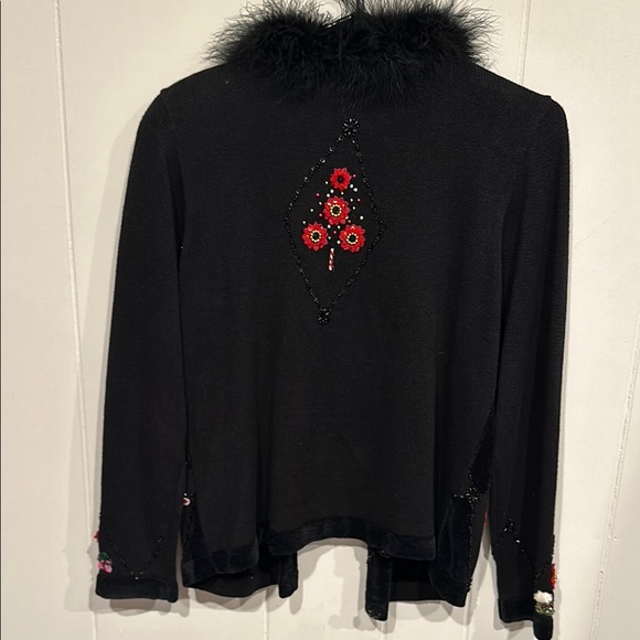 Jack B. Quick Black Festive Cardigan Christmas w/ Sequins beads & fur! - Picture 10 of 11